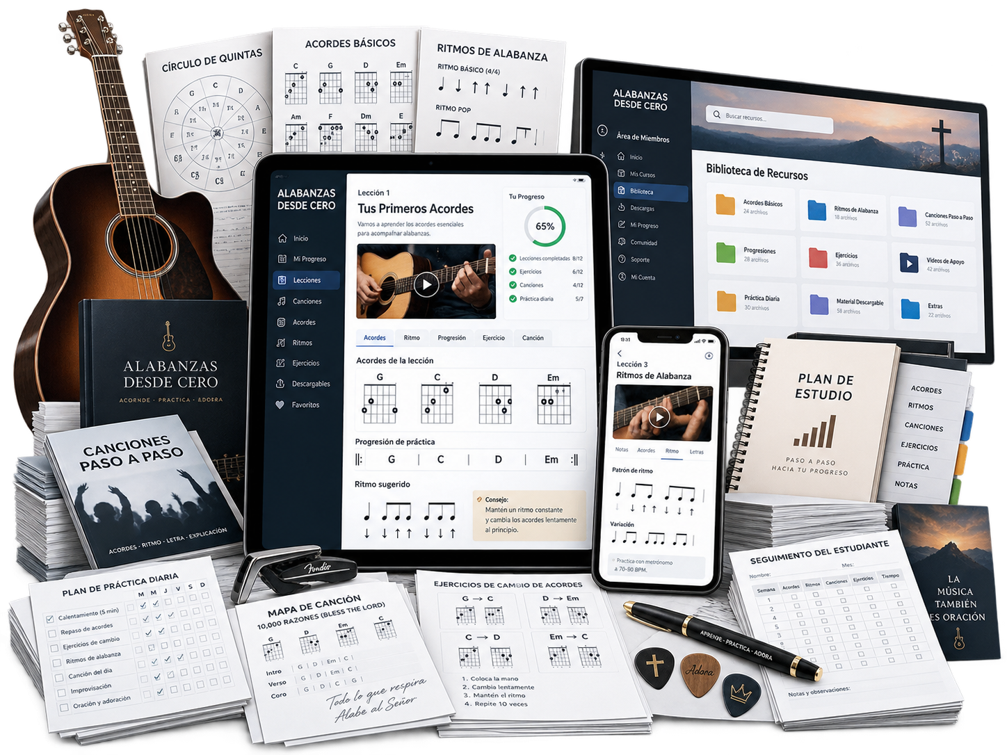 Mockup de Alabanzas Desde Cero con guitarra, materiales de práctica y contenido digital en tablet, computadora y celular.
